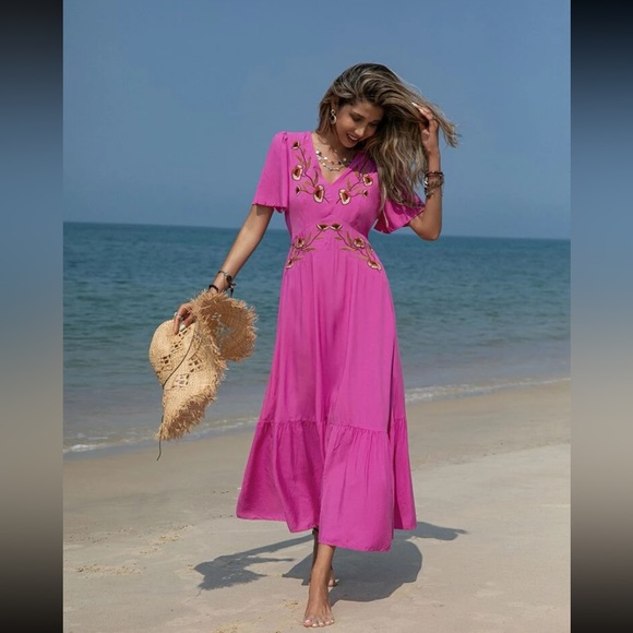 #131 Embroidered Pink V-Neck Dress 100% Viscose - Picture 3 of 4